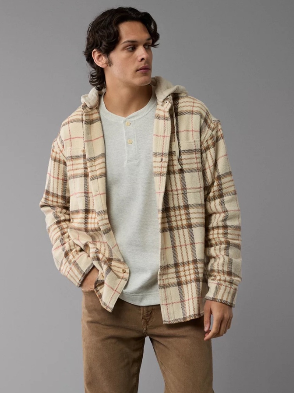 AMERICAN EAGLE HOODED FLANNEL SHIRT FROSTY CREAM PLAID BAJA BUTTON UP SHACKET - Picture 6 of 13